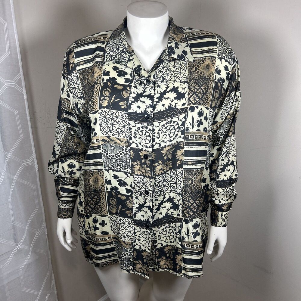Silk Patchwork Button Up Shirt Plus 2X Abstract Art‎ Teacher Minimalist Casual